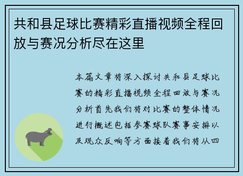 共和县足球比赛精彩直播视频全程回放与赛况分析尽在这里